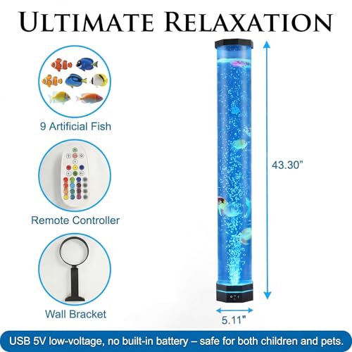 3.6FT Sensory Bubble Lamp, 9 Floating Fish, 16 Color LED | Remote control, 120mm extra-wide tube, 3-speed bubbles; for bedroom, living room, office and sensory room