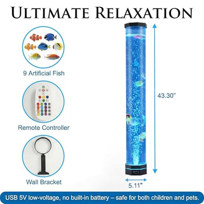 3.6FT Sensory Bubble Lamp, 9 Floating Fish, 16 Color LED | Remote control, 120mm extra-wide tube, 3-speed bubbles; for bedroom, living room, office and sensory room