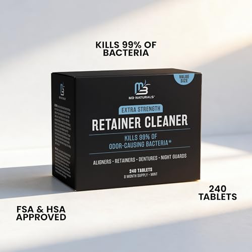 Retainer Cleaner Tablets, Denture Cleaner, Mint, 8 Month Supply by M3 | Compatible with Retainer Cleaner Machine & Ultrasonic Retainer Cleaner, Helps Remove Tough Stains, Buildup, Odors & Plaque - size: 240 Count (Pack of 1)