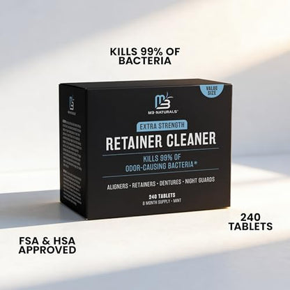 Retainer Cleaner Tablets, Denture Cleaner, Mint, 8 Month Supply by M3 | Compatible with Retainer Cleaner Machine & Ultrasonic Retainer Cleaner, Helps Remove Tough Stains, Buildup, Odors & Plaque - size: 240 Count (Pack of 1)