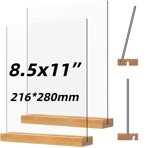 Acrylic Sign Holder with Wood Base 8.5x11 Inch Vertical and Slant Displays (2 Pack 8.5*11") - size: 2 Pack 8.5*11"