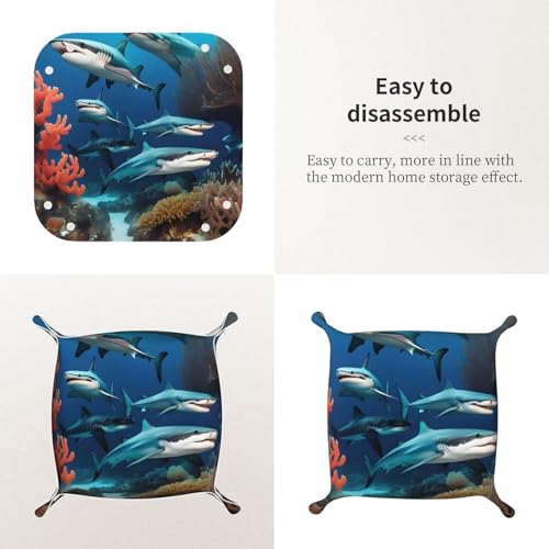 Small Leather Storage Tray Exquisite Submarine Shark Coral Pattern for Small Items Multifunctional Foldable and Durable - size: Small