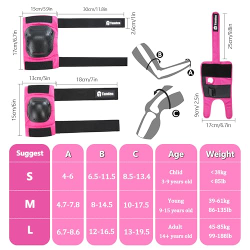 Tanden Skate Protective Gear Adult Knee Pads and Elbow Pads Set Wrist Guard - color: Pink, size: Adult (14+ years)