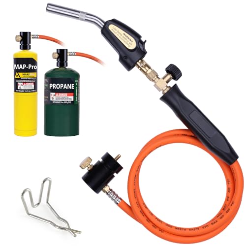 Propane Torch Hose Kit 3.6Ft, Mapp Map Gas Torch Kit Trigger Start, Adjustable Heat Knob Near Torch Head Stainless Steel, Soldering Torch -with Hook - color: Black