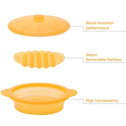 Microwave Steamer Cooker Collapsible Bowl-Silicone Steamer Cookware with Handle Lid for Vegetables Fish Prep Meal Food with Removable Rack BPA Free, Easy to Store, Freezer & Dishwasher Safe, Orange