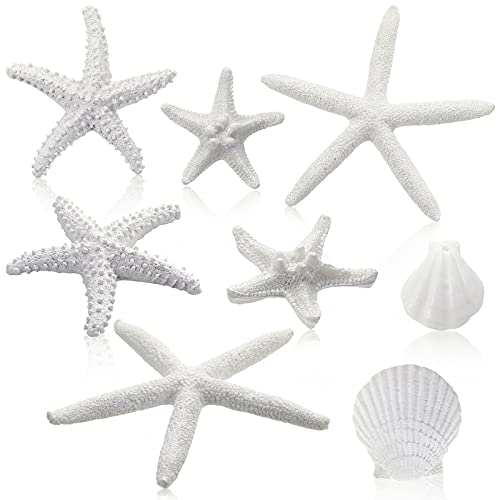 Sumind 8 Pcs White Starfish and Scallop Shells Decor White Aquarium 1-4 Inch Mixed Fish Tank Decor Resin Natural Beach Sea Shells Decorations for DIY Crafts Wedding Party Beach Home