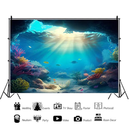 10x8ft Under The Sea Backdrop Underwater Blue Ocean Fish Coral Photography Background Kids Birthday Baby Shower Party Banner Cake Table Decorations Supplies Photo Booth Props - size: 10x8ft
