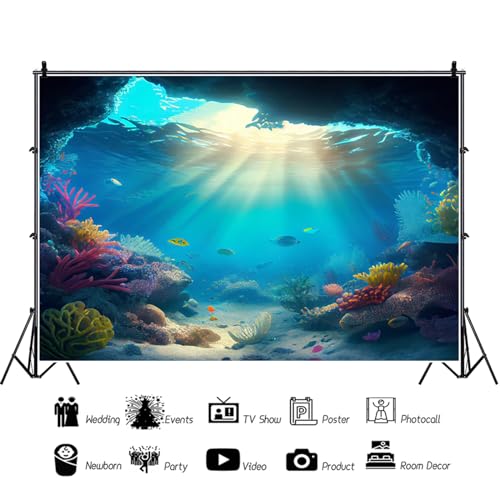 5x3ft Under The Sea Backdrop Underwater Blue Ocean Fish Coral Photography Background Kids Birthday Baby Shower Party Banner Cake Table Decorations Supplies Photo Booth Props - size: 5x3ft