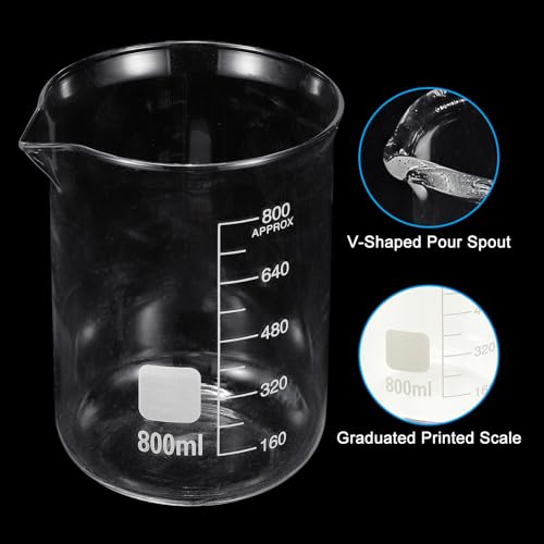 PATIKIL 800ml Glass Beaker, 2 Pack Measuring Glass Beaker Graduated Borosilicate Lab Cups Mug Low Form Heat Safe Transparent with Spout Label for Laboratory Science Kitchen Liquids - size: 800ml