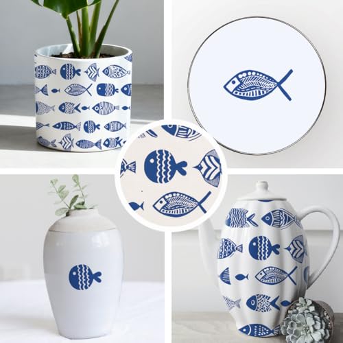 SUPERDANT 5PCS Fish Underglaze Paper Transfer Hand Drawn Fishes Transfer Paper for Clay Ceramic Porcelain Under Glaze Transfers for Pottery Enamel Decals Blue Underglaze Decal Papers Handcrafted Gifts