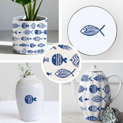SUPERDANT 5PCS Fish Underglaze Paper Transfer Hand Drawn Fishes Transfer Paper for Clay Ceramic Porcelain Under Glaze Transfers for Pottery Enamel Decals Blue Underglaze Decal Papers Handcrafted Gifts