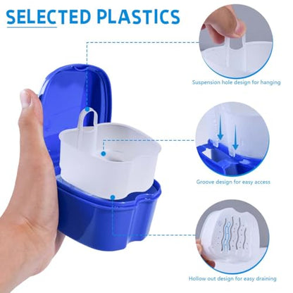 KISEER 2 Pack Colors Denture Bath Case Cup Box Holder Storage Soak Container with Strainer Basket for Travel Cleaning (Light Blue and Blue) - color: Light Blue and Blue