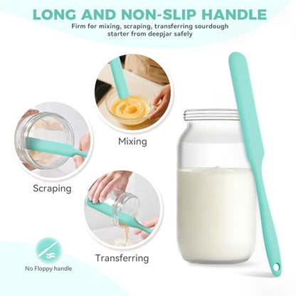 Silicone Jar Spatula Set of 4, Long Handle Skinny Spatula and Spurtle for Sourdough Starter, Flexible Jar Scraper for Peanut Butter, Jam, Icing, Cream with No Batter Left Behind (4, Green)