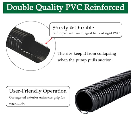 DAVCO 1" Dia. Corrugated Pond Tubing 1-Inch ID, 20 FT Length, Black PVC Kinkproof Strong Flex Vinyl Tubing for Pond Pump Fountain Garden Waterfall, Non-toxic - size: 1"ID