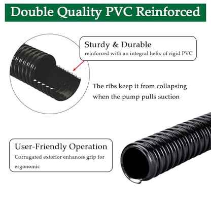 DAVCO 1" Dia. Corrugated Pond Tubing 1-Inch ID, 20 FT Length, Black PVC Kinkproof Strong Flex Vinyl Tubing for Pond Pump Fountain Garden Waterfall, Non-toxic - size: 1"ID