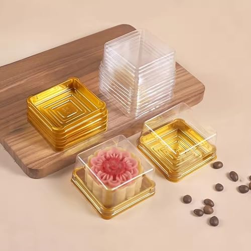 50Pcs Square Plastic Cake Boxes with Lids, 2.73" Clear PET Dessert Containers for Cupcakes, Muffins, Pastries, Bakery Packaging for Wedding, Birthday, Party Favors (gold base) - color: gold base