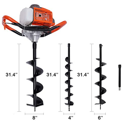 Dyrabrest 71CC Petrol Earth Auger Post Hole Digger Auger with 3 Drills （Ground Drill 4"/ 6"/ 8" Bits ）+ Extension Bar 12"