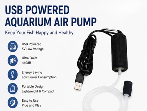 USB Powered Aquarium Air Pump, Portable Fish Tank Oxygen Pump with Air Stone, Black and White, Quiet Operation