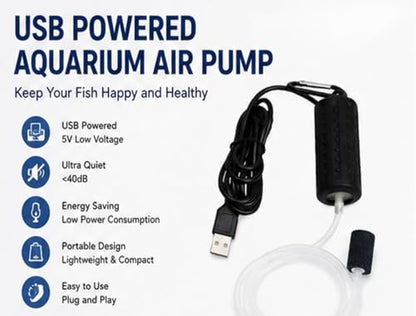 USB Powered Aquarium Air Pump, Portable Fish Tank Oxygen Pump with Air Stone, Black and White, Quiet Operation