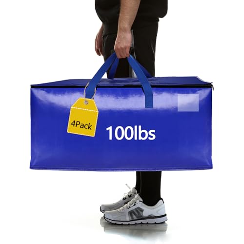 4 Pack Waterproof Moving Storage Bags, 100 lbs Extra Large Heavy Duty Totes with Reinforced Handles & Strong Zippers, Reusable Moving Box Alternative for Packing Moving Household Storage, 95L, Blue - color: Blue, size: 4 Pack
