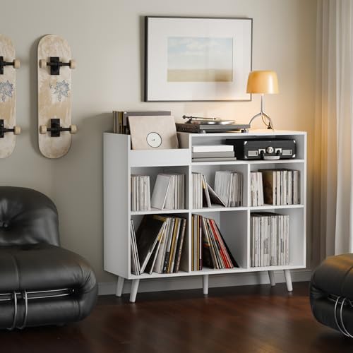 Large Record Player Stand with Vinyl Storage Cabinet, Wood Turntable Table Open Shelf Holder Up to 500 Albums Cube Storage Organizer for Living Room, Office, White