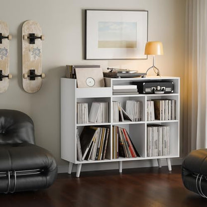 Large Record Player Stand with Vinyl Storage Cabinet, Wood Turntable Table Open Shelf Holder Up to 500 Albums Cube Storage Organizer for Living Room, Office, White