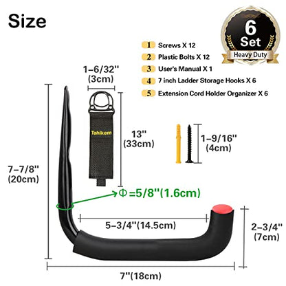 6 Pack 7-Inch Wall Mount Garage Storage Hooks for Ladder & Tools | Wall Mounted, Rust Resistant,Hooks with Installation, J Hooks for Ladder, Bike, Cable Bracket(Max 30 lbs) - size: 7 Inch- 6 Set