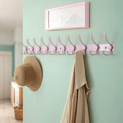 Dseap Coat Rack Wall Mount - 38” Long 10-Tri-Hooks Heavy Duty Coat Hanger Rail Wall Hooks for Hanging Coats Hats Clothing Clothes Purse Mudroom Entryway, Pink, Pack of 2 - color: Pink, size: L=38” (2 Pcs)
