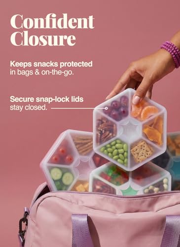 melii Hexagonal Snackle Box | 6 Compartment Snack Container with Individual Snap-Lock Lids, Easy-Grip Design for Kids & Adults, Portion-Control Food Storage for Lunch, Travel & On-the-Go (Pink)