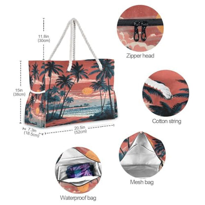 senya Large Beach Bags Totes Canvas Tote Shoulder Bag Soft Wave Water Resistant Bags for Gym Travel Daily Ocean - color: Palm Trees Sunset