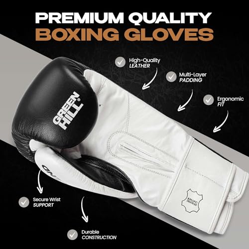 Green Hill Legend Leather Boxing Gloves for Men & Women - color: Black/White, size: 16 Oz