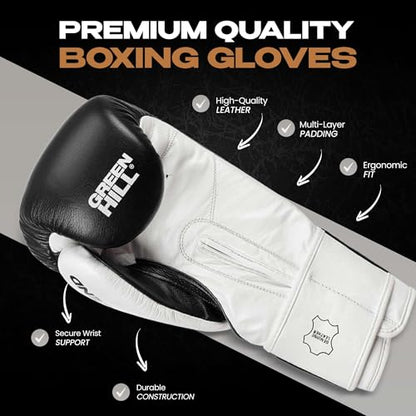 Green Hill Legend Leather Boxing Gloves for Men & Women - color: Black/White, size: 16 Oz