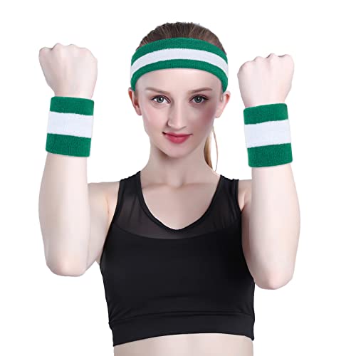ONUPGO Sweatband Set Sports Headband Wristband Set Sweatbands Terry Cloth Wristband Wrist Sweatband Headbands Moisture Wicking Sweat Absorbing Head Band - color: Green/White/Green