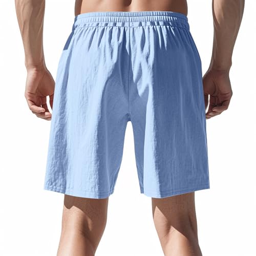 Linen Cargo Shorts for Men 2025 Summer Casual Elastic Waist Drawstring Lightweight Workout Beach Shorts with Pockets Sky Blue M