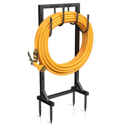 Garden Hose Holder Reel, Upgraded Metal Hose Reels Holds 150ft Hose with 4 Large hooks, Heavy Duty Freestanding Water Hose Holders, Detachable Hose Storage Hanger for Outside
