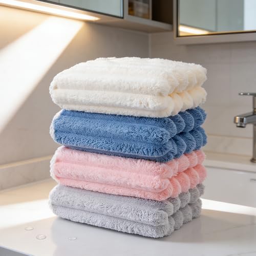 4 Pcs Washcloth Towels, Face Towels with Hanging Loop for Bathroom, Absorbent Coral Fleece Soft Thick Face Cloth Hand Dry Towel Super Absorbent, Mixed Colors - color: 4pcs Mixed Colors