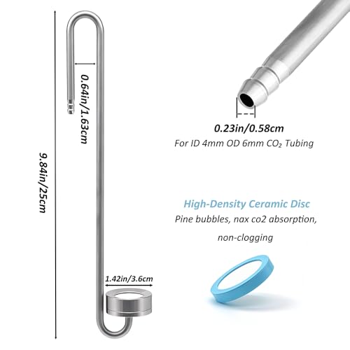 LINLAN 9.85in 304 Stainless Steel CO₂ Diffuser, Frosted Matte Material(One-Piece Molding), Equipped with Silicone Suction Cup + Replacement Diffusion Disc, Suitable for Rimless Planted Aquariums - size: 9.85in