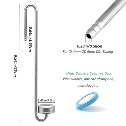 LINLAN 9.85in 304 Stainless Steel CO₂ Diffuser, Frosted Matte Material(One-Piece Molding), Equipped with Silicone Suction Cup + Replacement Diffusion Disc, Suitable for Rimless Planted Aquariums - size: 9.85in