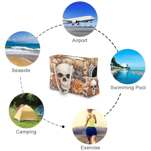 senya Large Beach Bags Totes Canvas Tote Shoulder Bag Soft Wave Water Resistant Bags for Gym Travel Daily Ocean - color: Skeleton Flower