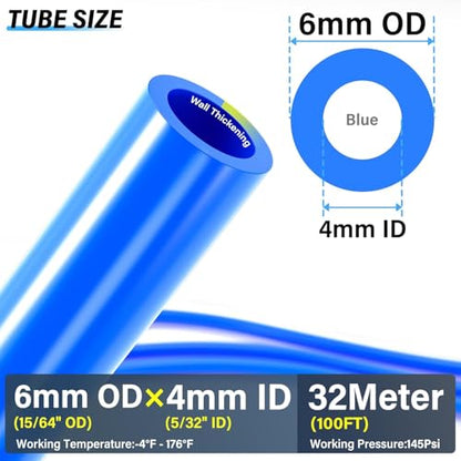 TAILONZ PNEUMATIC Blue 6mm OD 4mm ID Polyurethane PU Air Hose Pipe Tube Kit 32 Meter 100ft - color: Blue, size: 6mm OD/100ft/32m