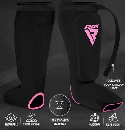 RDX Shin Guards Kickboxing Muay Thai, SATRA Approved, MMA Leg Instep Protection Pads, Sparring Training Martial Arts Boxing, Elasticated Padded Protector, Karate BJJ Taekwondo Gear, Men Women - color: Black Pink, size: Small