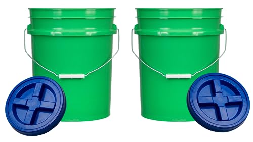 5 Gallon Green Food Grade BPA Free Made in USA Bucket Pail with Airtight Screw On Blue lid(Pack of 2)