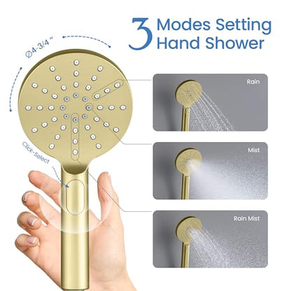 Circular 3 Settings ABS Handheld Shower Head, Multi-Function Showerhead with 3 Spray Modes, Ergonomic Design, Water-Efficient, Easy Install for Bathroom Showers, Brushed Gold Finish
