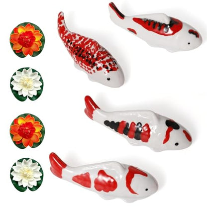 4PCS Ceramic Floating Koi Fish 4PCS Lotus Flowers Koi Pond Accessories Pond Decor Floating Aquarium Decor Birdbath Decor【Red Collection】 - size: 4PCS
