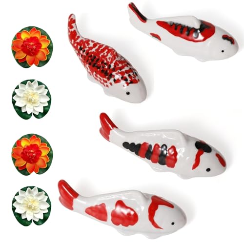 4PCS Ceramic Floating Koi Fish 4PCS Lotus Flowers Koi Pond Accessories Pond Decor Floating Aquarium Decor Birdbath Decor【Red Collection】 - size: 4PCS