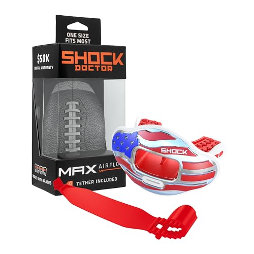 Shock Doctor Lip Guard, Adult and Youth Mouth Guard Football with Strap, Breathable Wide Opening Football Mouthpiece for Youth and Adults OSFA, Shock Doctor Mouth Guards, Max Airflow - color: Stars & Stripes