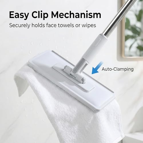 FaceTowel Mini Mop Kit – 30" Auto-Clamp Mop for Facial Towels, No-Touch Eject, 360° Swivel, for Fish Tanks, Windows, Walls & Ceilings, Includes 10 Reusable Pads