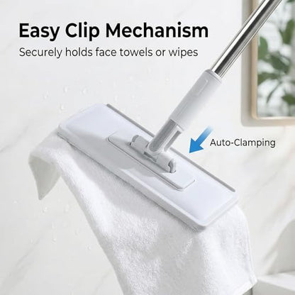 FaceTowel Mini Mop Kit – 30" Auto-Clamp Mop for Facial Towels, No-Touch Eject, 360° Swivel, for Fish Tanks, Windows, Walls & Ceilings, Includes 10 Reusable Pads