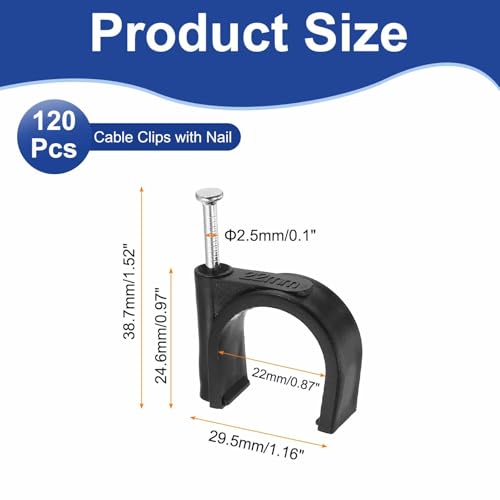 HARFINGTON 120pcs Cable Clips with Nail 22mm ID Circular Single Half Clamp J-Hook with Nail Cord Clips for Wires on Wall for Ethernet Tacks Coax Pex Tubing Pipe Support, Black - size: 22mm ID