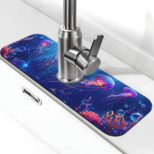Faucet Draining Mat For Kitchen Sink, Ocean Jellyfish Corals Diatom Mud Absorbent Drain Pad For Bathroom Kitchen Sink Splash Guard Drying Mat - color: Ocean Jellyfish Corals